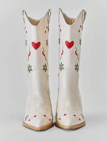 Solezae Women's Glamorous Point Toe Block Heel Embroidery Mid-Calf Cowgirl Boots For Christmas - White - View 6