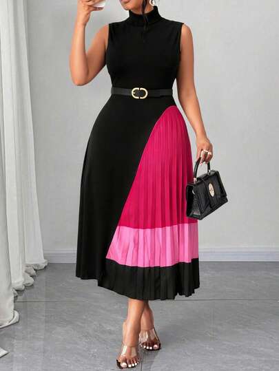 Maweii 大码女士优雅休闲浪漫日常通勤修身无袖立领褶皱撞色连衣裙