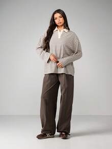 MISSGUIDED 女士宽松长袖条纹 Polo 衫，翻领罗纹领口，秋冬休闲衬衫/上衣 - 彩色 - 查看 3