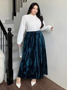 Dazy Plus 大码女式丝绒弹力腰直筒厚款半身裙，适合正式场合，冬季女装半身裙 - 水鴨藍 - 查看 5