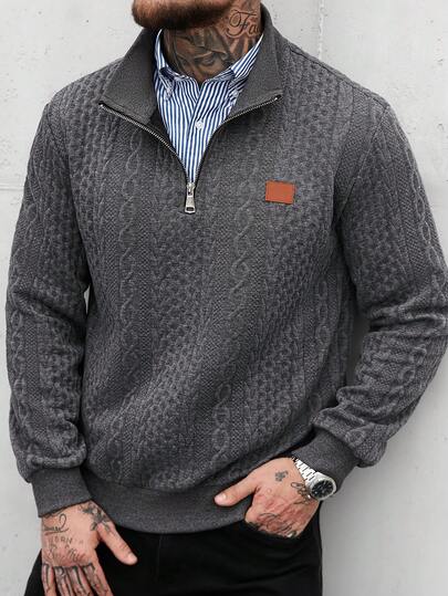 Manfinity CasualCool Men's Casual Solid Color Textured Zip-Up Stand Collar Sweatshirt,Men's Autumn New Solid White Minimalist Casual Zippered Quarter Zip Pullover Sweatshirt, For Men,Versatile Items For Daily Commuting, Travel, Men Pullover Polo Sweater