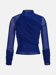 Maija Navy Blue Pleated Mock Neck Sheer Blouse, Modern Urban Casual & Comfortable, Autumn/Winter Dark Blue Top Women Long Sleeve Tops Turtle Neck Top Blue Long Sleeve Top - Navy Blue - View 8