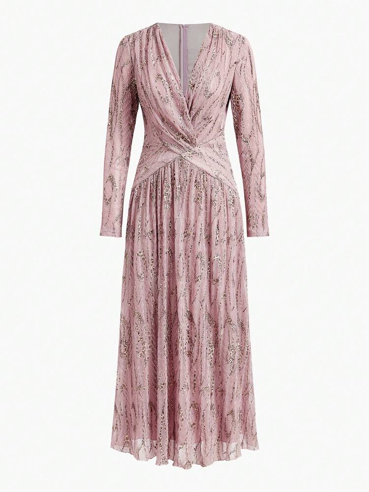 WOMEN'S ELEGANT EMBELLISHED V-NECK LONG SLEEVE DRESS