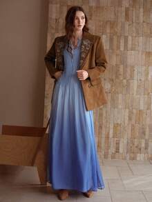 MOTF PREMIUM WOMEN'S ELEGANT FLOWY LONG MULBERRY SILK DRESS, SUMMER - Blue - View 8