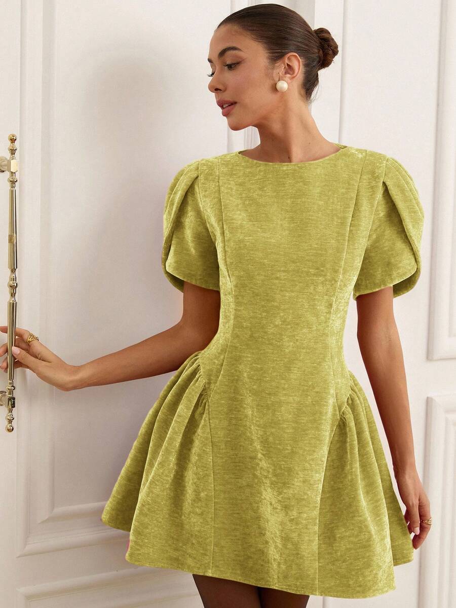 Revavyn Tulip 3D Short Sleeve Round Neck Hem Split Puff Skirt Mini Princess Dress For Women - Yellow - View 1