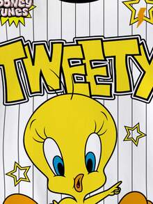 LOONEY TUNES X SHEIN Tween Girls' Casual Striped Cartoon Print Round Neck Short Sleeve T-Shirt, Summer - White - View 4