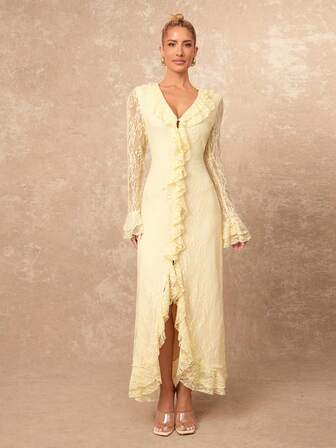 Lumalex 女式 V 领喇叭袖优雅蕾丝荷叶边下摆连衣裙