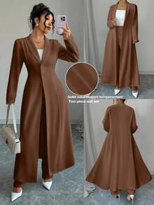 SHEIN Tall CURVE Elenzga 2pcs/Set Plus Size Women Solid Color Button Collar Long Jacket And Long Pants Suit - Brown - View 1