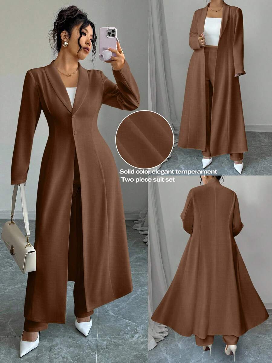SHEIN Tall CURVE Elenzga 2pcs/Set Plus Size Women Solid Color Button Collar Long Jacket And Long Pants Suit - Brown - View 1