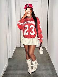 Slaydiva Nuevo suéter holgado de mujer con cuello en V, manga larga, hombros descubiertos, estampado digital de logotipo con eslogan, rayas blancas, ajuste suelto, color vino tinto, para otoño e invierno, regreso a la escuela, disfraces de Halloween, uso casual de negocios, salidas de mujeres, calientes de la calle, estilo retro casual, estilo escolar, estilo deportivo, para mujeres Y2k Streetwear - Burdeos - Ver 8