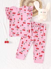 2件套女婴荷叶边粉色樱桃可爱简约时尚休闲舒适睡衣，夏季 - 粉色 - 查看 2