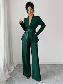 SHEIN Elenzya Ensemble tailleur élégant et romantique pour femmes, blazer ajusté à manches longues avec patchwork de tissus à la taille et pantalon droit