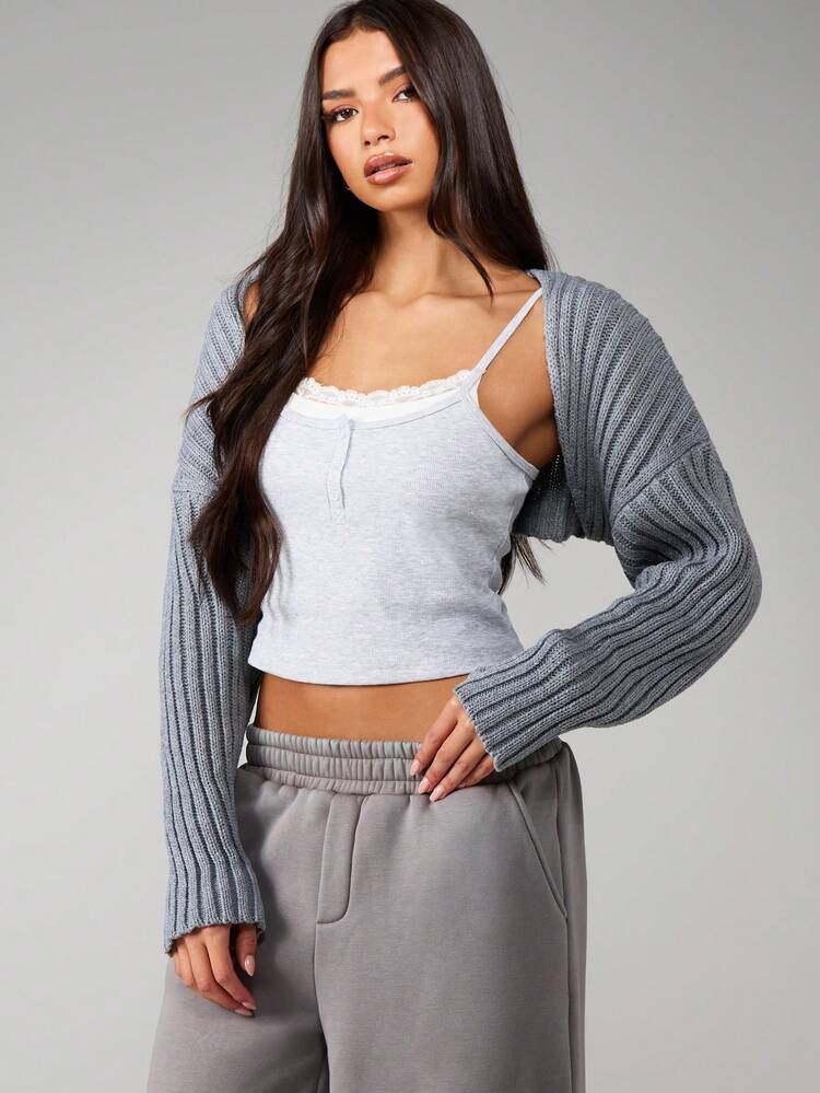 MISSGUIDED Cropped Ribbed Knit Bolero Cardigan Long Sleeve Open Front Shrug Layering Piece Fall Winter Cozy Casual Outerwear