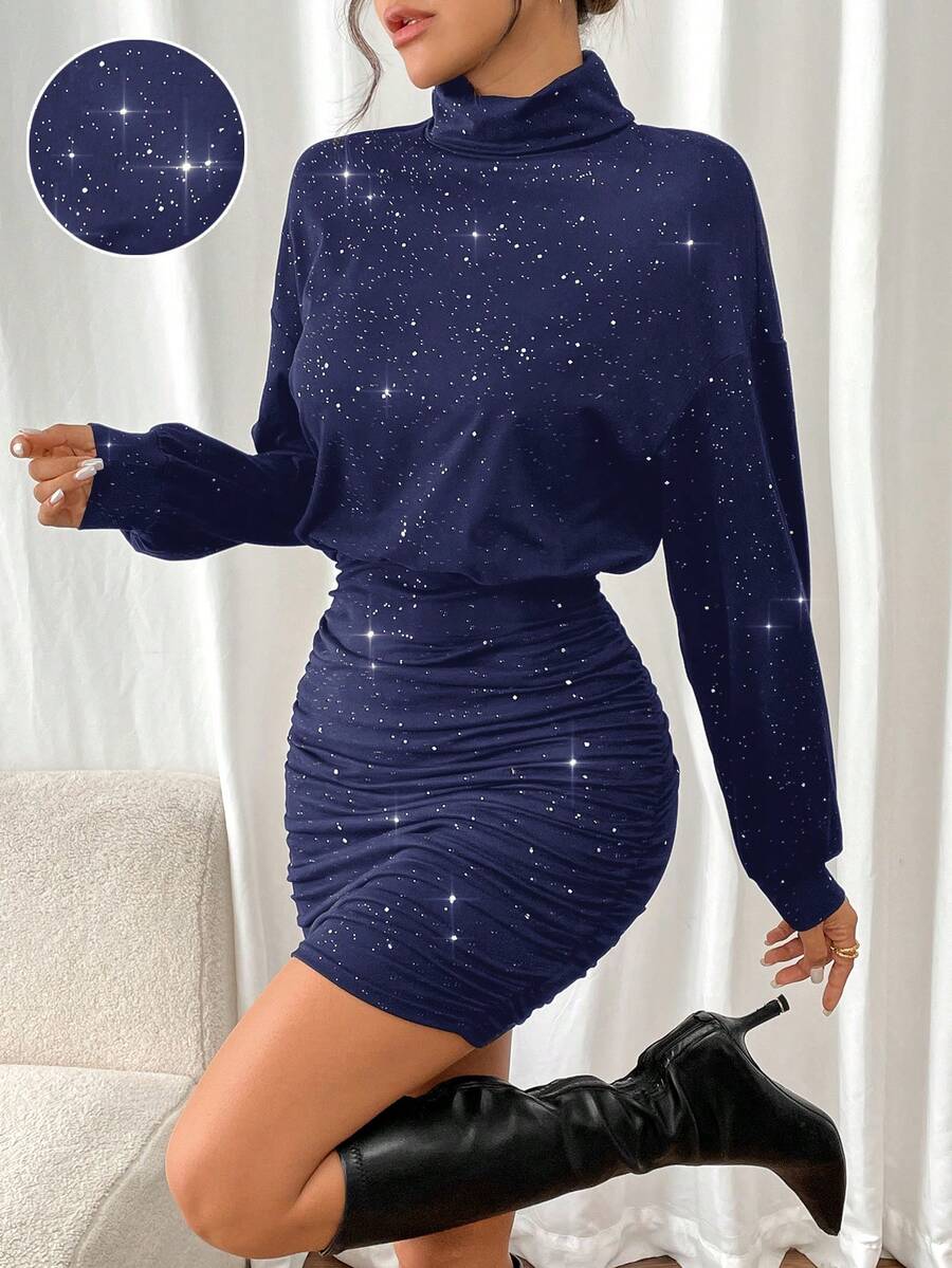 SHEIN Frenchy Women's Stand Collar Drop Shoulder Long Sleeve Ruched Shiny Mini Dress Party Spring Blue - Navy Blue - View 1