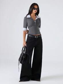 LYSMO 女士撞色拼接领插肩袖半开襟时尚修身T恤 - 深灰色 - 查看 5