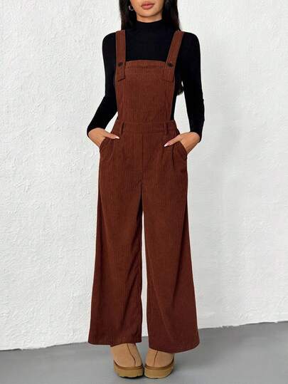 SHEIN PETITE 2pcs Women Casual Set: Drop Shoulder Jacket And Pants,For Daily Wear,Fall/Winter Brown Corduroy Overalls Women Overalls Brown Jumpsuit Women Jumpsuits For Woman