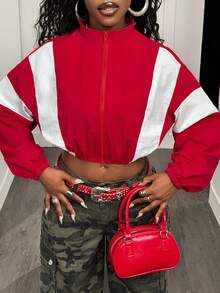 BamGleam Áo khoác bóng chày cổ đứng phối màu đơn giản cổ điển dành cho nữ, dáng rộng, eo rút dây, mùa đông - Đỏ và trắng - Xem 7