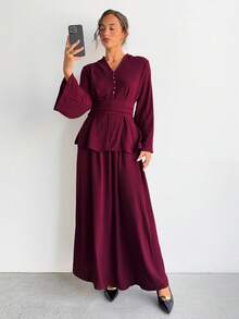 Aloruh Women's Solid Color Button Design Flare Sleeve Ruched Waist Blouse And Midi Skirt 2 Piece Set Fall Clothes Fall Clothes For Women All Outfits Women  Fall Outfits For Women Fall Outfits Autumn Clothes Women's Fall Clothes Two Piece Set Women - Burgundy - View 4