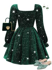 SHEIN Sparklyn Girls' Fashion Green Velvet Patchwork Princess Dress, Metallic Foil Fabric Design, Suitable For Party And Holiday Wear