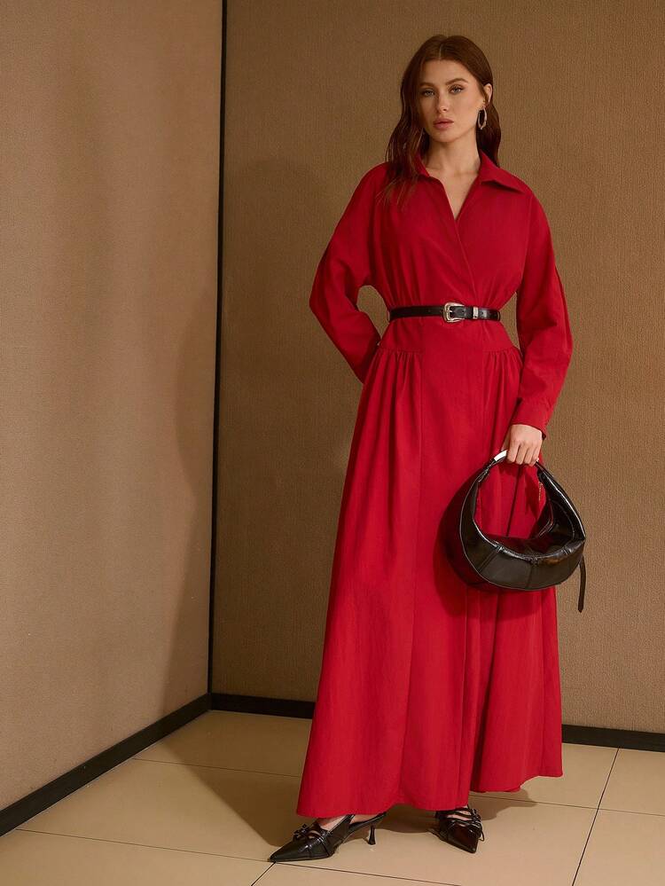 WOMEN'S COLLAR DROP SHOULDER LONG DRESS