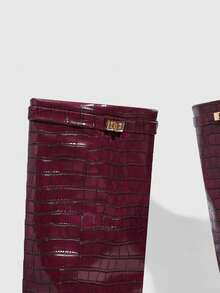 Daringsoles 女士时尚通勤厚底高跟过膝长靴 - 酒紅色 - 查看 3