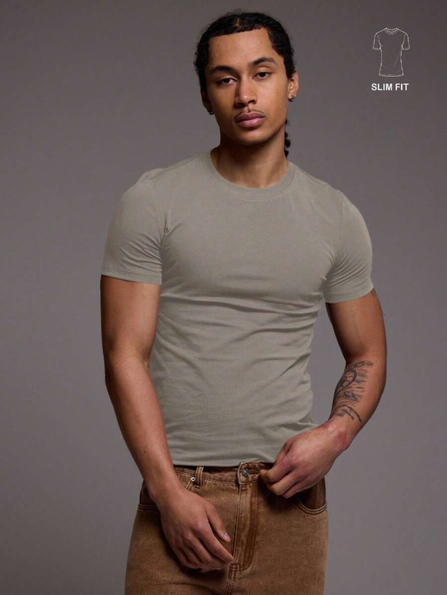 Musero Men Slim Fit Fitted T-Shirt Spring Summer Basics - Khaki - View 1