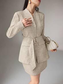 Heiryn Women's Long Sleeve Belted Jacket And Midi Skirt Elegant Suit Set Beige Outfits For Women Blazer Skirt Set Skirt Suit - Apricot - View 1