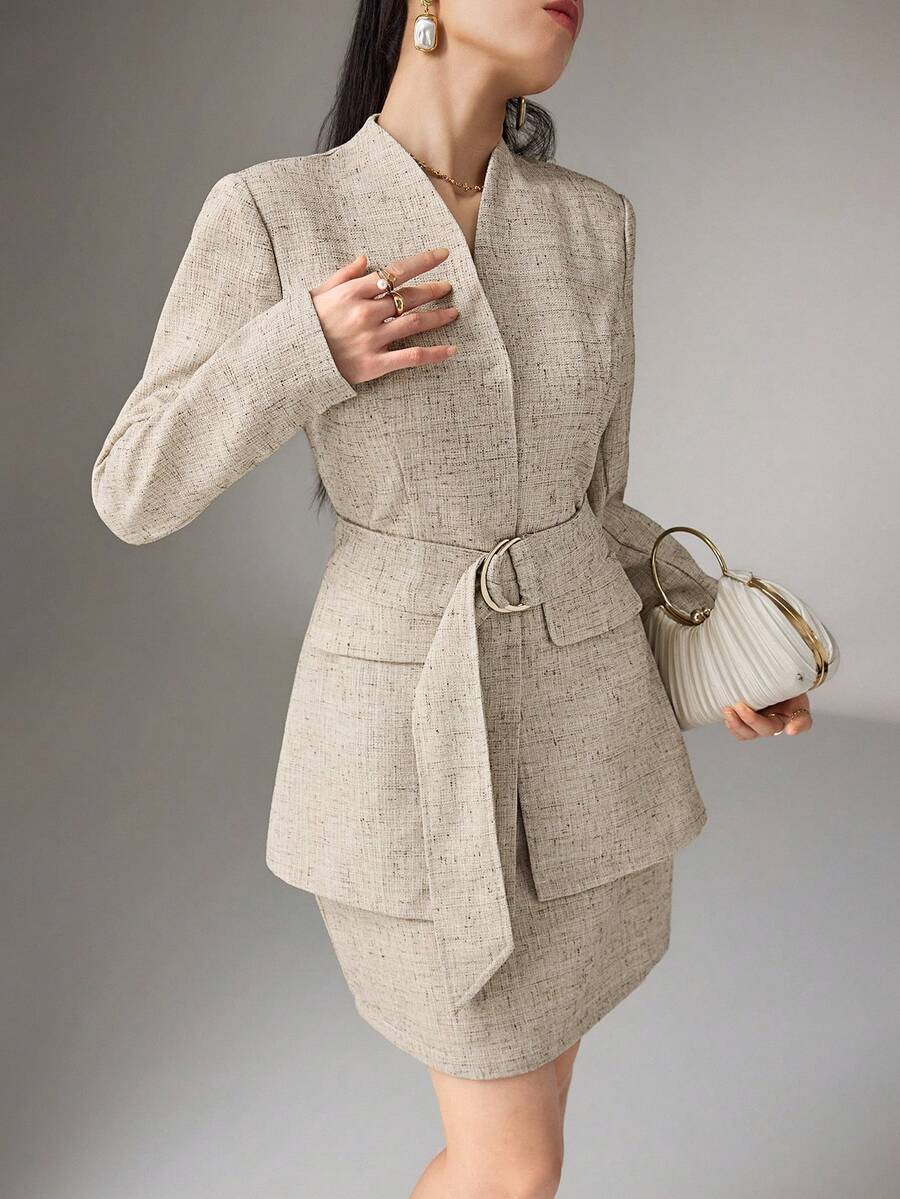 Heiryn Women's Long Sleeve Belted Jacket And Midi Skirt Elegant Suit Set Beige Outfits For Women Blazer Skirt Set Skirt Suit - Apricot - View 1