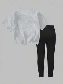 1 set T-shirt à manches courtes avec imprimé nœud à paillettes faux et leggings, style décontracté et confortable pour les jeunes filles. Convient pour les sorties, les sports et l'école, idéal pour l'été.