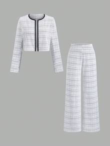 SHEIN Unity Black And White Checkered Tweed 2-Piece Set,Autumn Elegant Office Long Sleeve Crew Neck Top With Black Ribbon & Metal Button Decor & Straight Pants - White - View 1