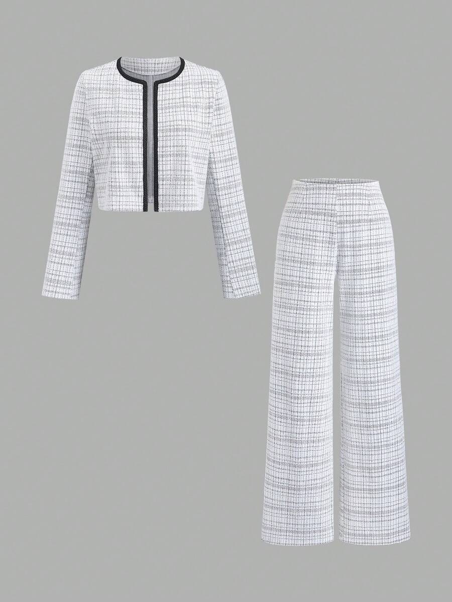 SHEIN Unity Black And White Checkered Tweed 2-Piece Set,Autumn Elegant Office Long Sleeve Crew Neck Top With Black Ribbon & Metal Button Decor & Straight Pants - White - View 1