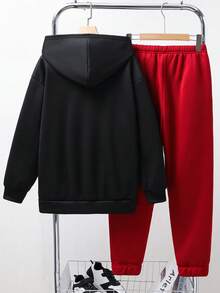 SHEIN 2 件青少年男童休闲字母标语印花连帽运动衫和运动裤套装，纯色基本百搭，适合通勤、上学、日常休闲、旅行、户外派对、运动、秋冬 - 彩色 - 查看 2