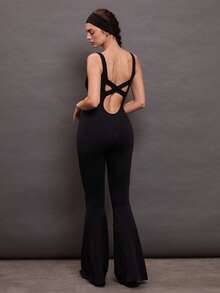 Activina Women's Cross Back Sport Jumpsuit With Open Back - Black - View 4