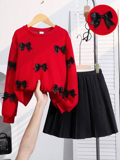 Sparklyn 两件套女童甜美可爱套装，圆领卫衣饰有3D蝴蝶结，搭配高腰百褶裙，适合上学、休闲外出、聚会等场合。
