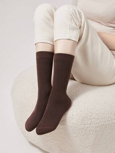 LUVLETTE 1/5/6 Pairs Women Socks, Encore Solid Color Ribbed Mid-Calf Socks, Simple & Versatile For Casual Outings In Autumn/Winter