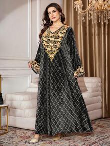 SHEIN Najma Váy maxi dài tay cổ chữ V họa tiết bướm và lá cỡ lớn dành cho nữ, kiểu dáng abaya nhung thanh lịch, mùa xuân/thu - Nhiều màu - Xem 4