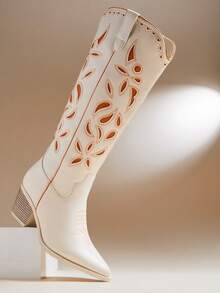 SHUZIA 时尚女士白色橙色仿皮PU杏仁头刺绣西部风牛仔过膝长靴粗跟套穿式牛仔竞技舞蹈假日秋冬鞋 - 橘色 - 查看 10
