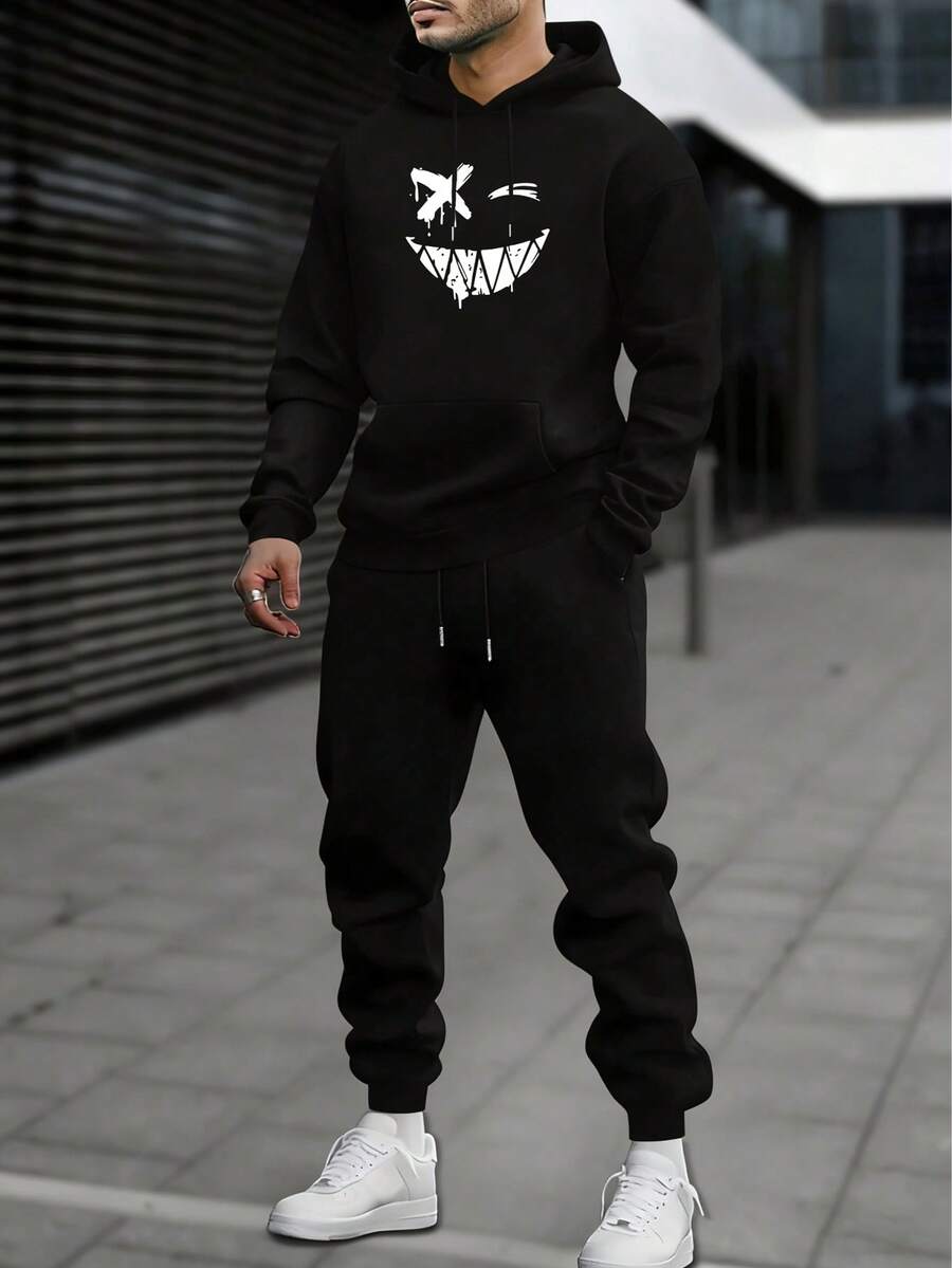Hombre008 traje para hombre Conjunto de Sudadera con Capucha y Pantalones de Bolsillo con Cordón para Hombre, Estampado Alegre del Diablo, Grueso y Versátil, Manga Larga, Adecuado para Actividades al Aire Libre en Primavera - Negro 4 - Ver 1