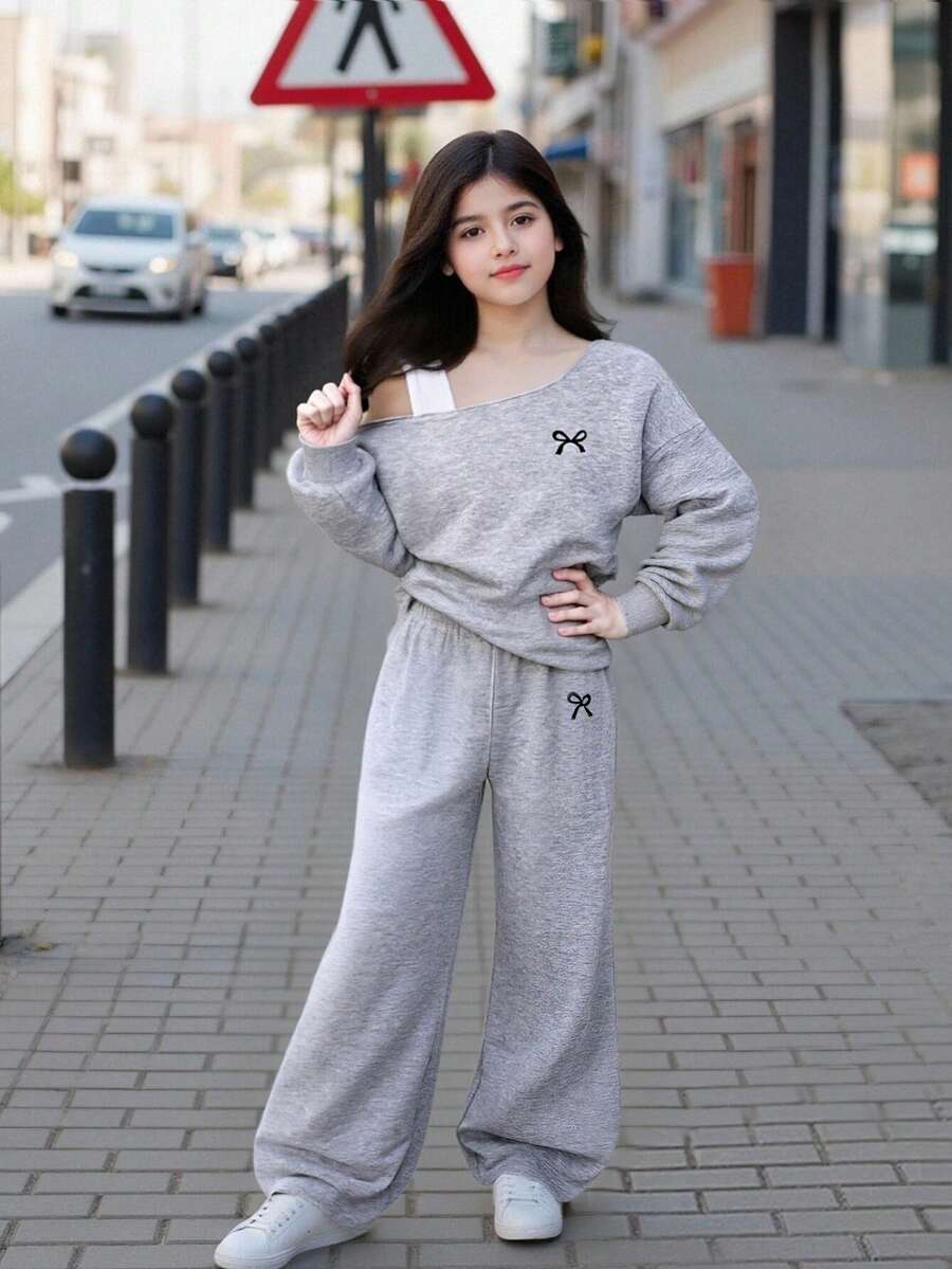Sparklyn 2pcs/Set Teenage Girls Oblique Shoulder T-Shirt Top & Wide Leg Loose Pants Suit, Suitable For Autumn