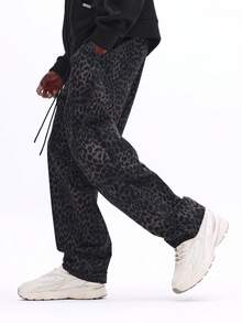 SUMWON 豹纹阔腿裤 动物纹休闲抽绳宽松长裤 街头时尚 秋冬宽松舒适家居服 - 黑色 - 查看 4