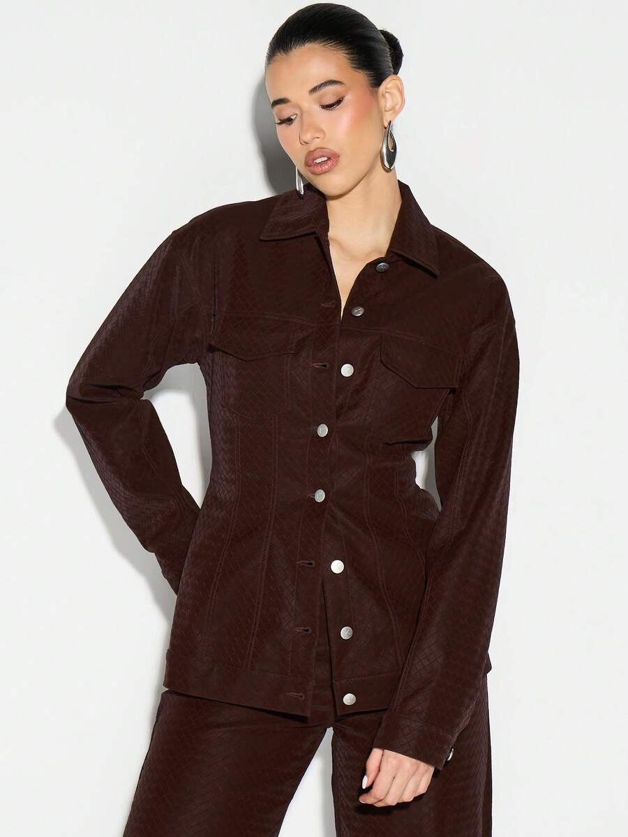 KIZN 秋冬季仿皮纹理纽扣修身夹克，配有胸袋和经典领口 - 酒紅色 - 查看 1