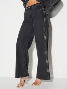 KIZN Quần jean denim ống rộng đính đinh tán, cạp cao, phong cách Palazzo, đính kim loại, kiểu dáng cổ điển, phai màu, phong cách đường phố phóng khoáng - màu đen - Xem 5