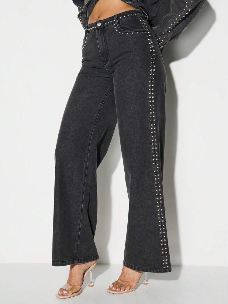KIZN スタッズ付き ワイドレッグ ウォッシュデニムジーンズ ハイライズ パレオスタイル メタルエンベリッシュメント ヴィンテージ加工 カジュアル ストリートウェア ステートメントボトムス