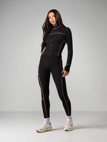 MISSGUIDED Quần legging cạp cao có đường may tương phản, dáng ôm dài, phù hợp mặc khi tập thể thao - màu đen - Xem 5