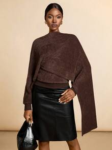 SHEIN Veneréa Women's Asymmetrical Poncho Versatile Knit T-Shirt - Coffee Brown - View 6
