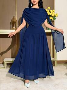 Feyla Váy dài vừa phải nhún bèo màu trơn dự tiệc thanh lịch dành cho nữ - Màu xanh hải quân - Xem 5