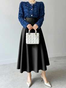 DAZY Women's Elegant High Waist A-Line PU Leather Skirt, Suitable For Commuting - Black - View 3