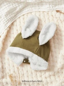 Cozy Pixies 1件裝加厚可愛兔耳嬰兒帽，保暖柔軟舒適，適合新生兒日常配戴 - 軍綠色 - 查看 2