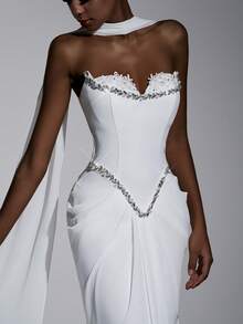 Elitara 优雅蕾丝拼接雪纺二合一心形领口美人鱼婚纱，带荷叶边拖尾 - 白色 - 查看 8