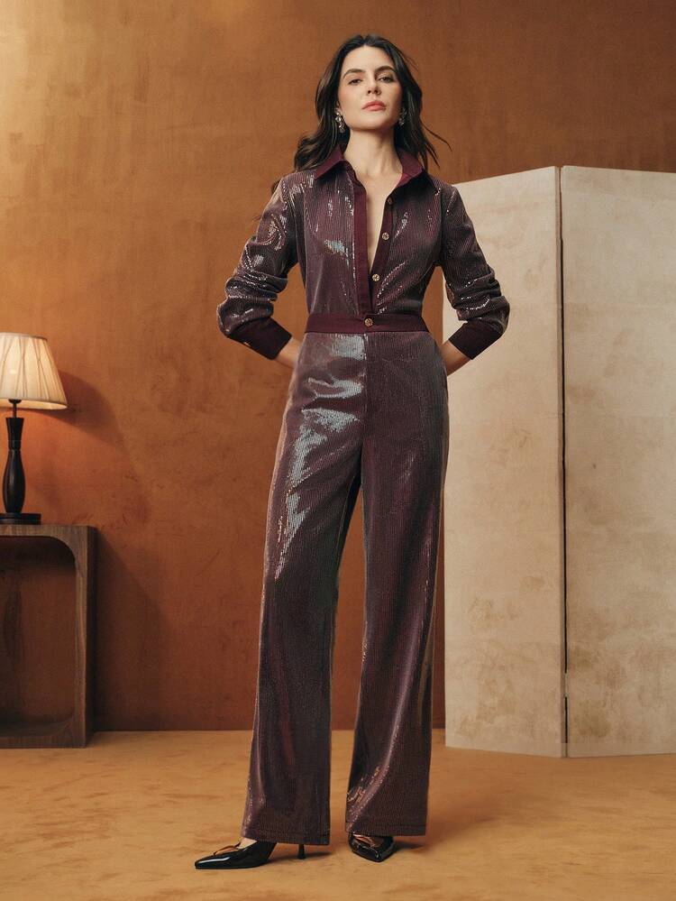 Anewsta Calça feminina de corte reto e modelagem solta com detalhes em lantejoulas, moderna e elegante. - Borgonha - Ver 7